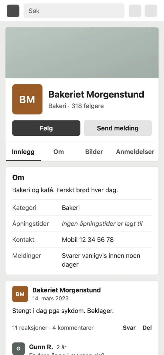 Før: en profilside med falmet forsidebilde og uten åpningstider.