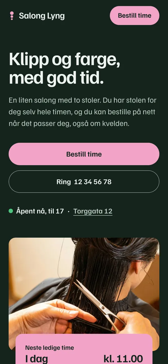 Etter: forsiden til Salong Lyng med «Bestill time» og neste ledige time.