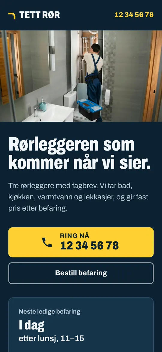 Etter: forsiden til Tett Rør med en stor gul «Ring nå»-knapp.
