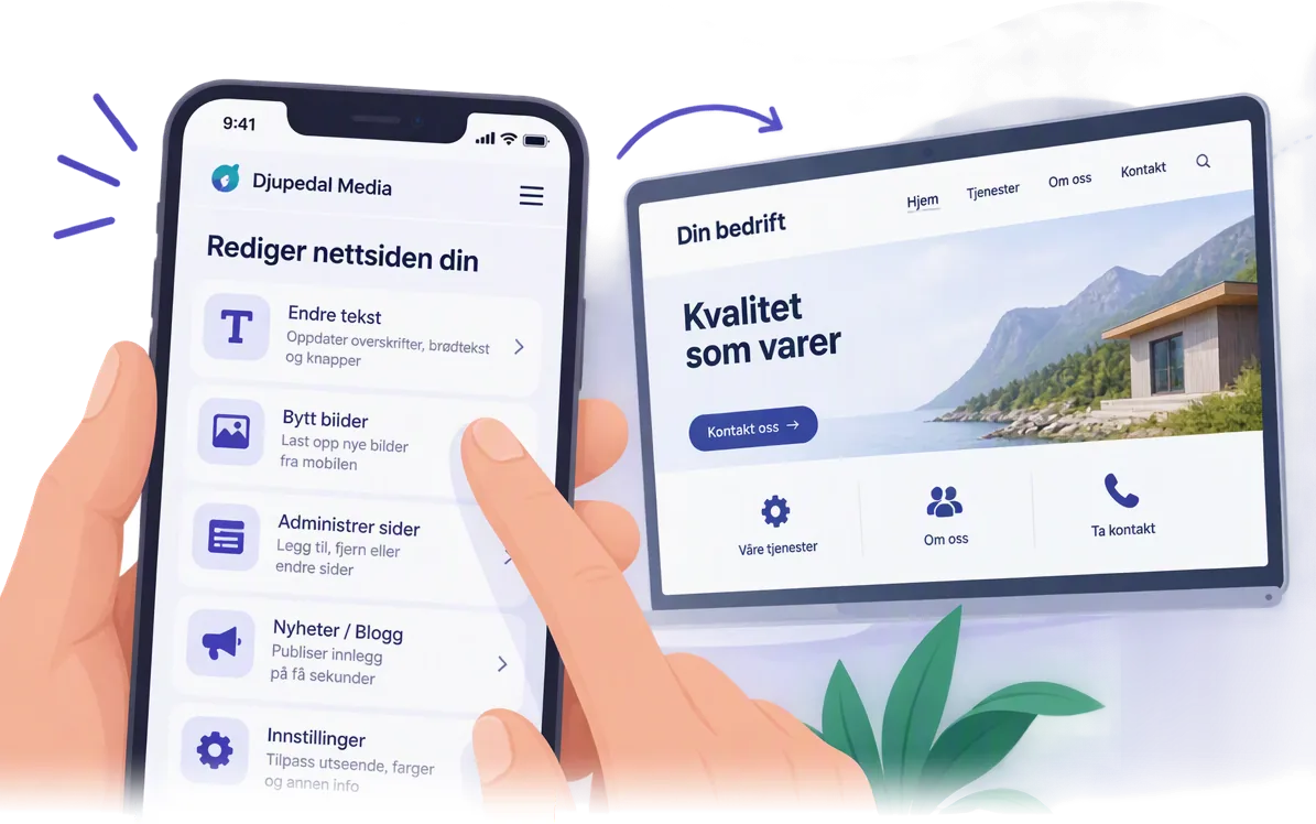 En hånd holder en mobil som viser «Rediger nettsiden din» med knapper for tekst, bilder og sider. Ved siden av ligger nettsiden på et nettbrett.
