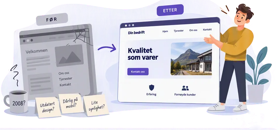 Illustrasjon av en gammel, rotete nettside til venstre og en ryddig, ny nettside til høyre.